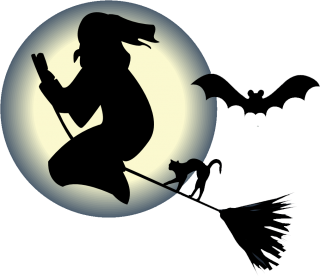 Witch Flying On Broom With A Cat And Bat In Front Png PNG images