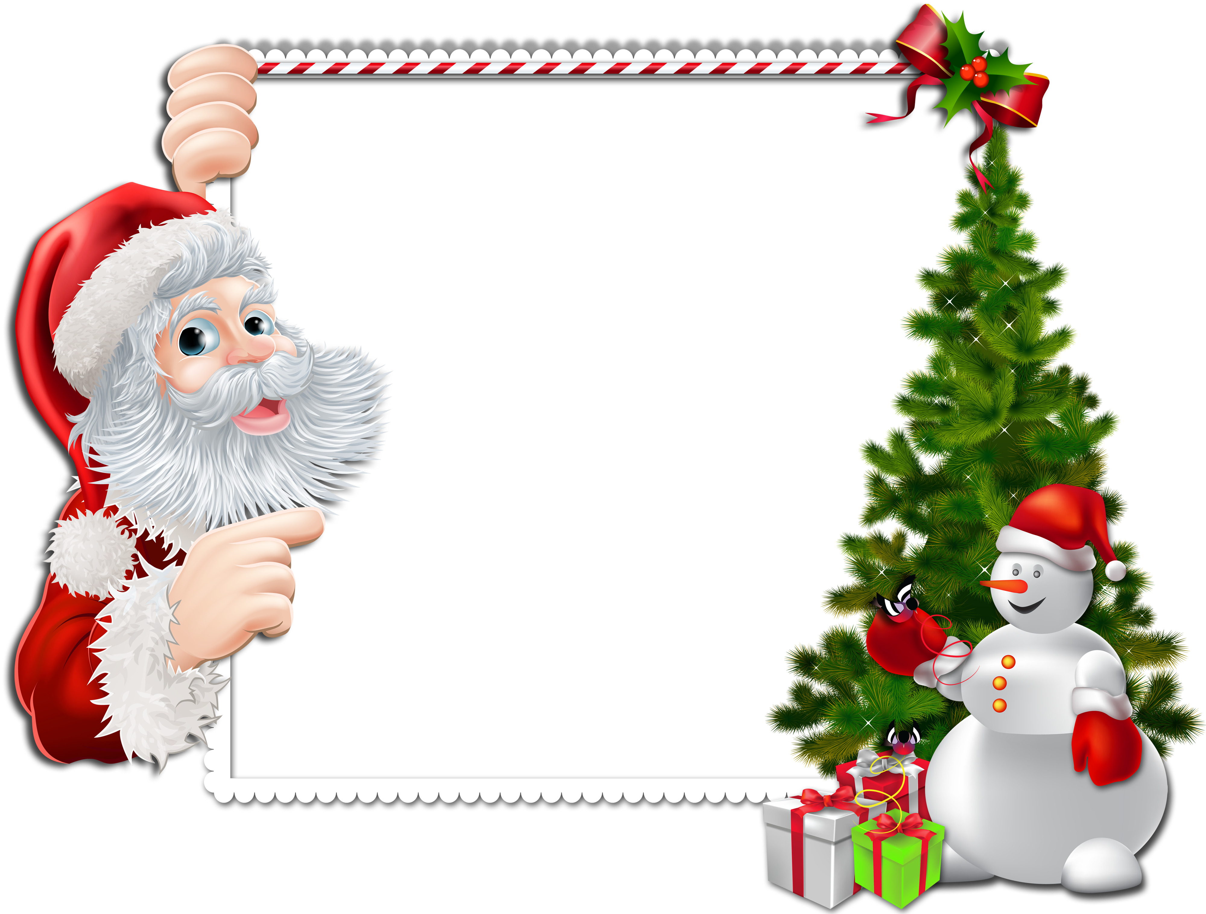 Santa Snowman Gifts Tree In Christmas Frame Borders PNG Transparent 